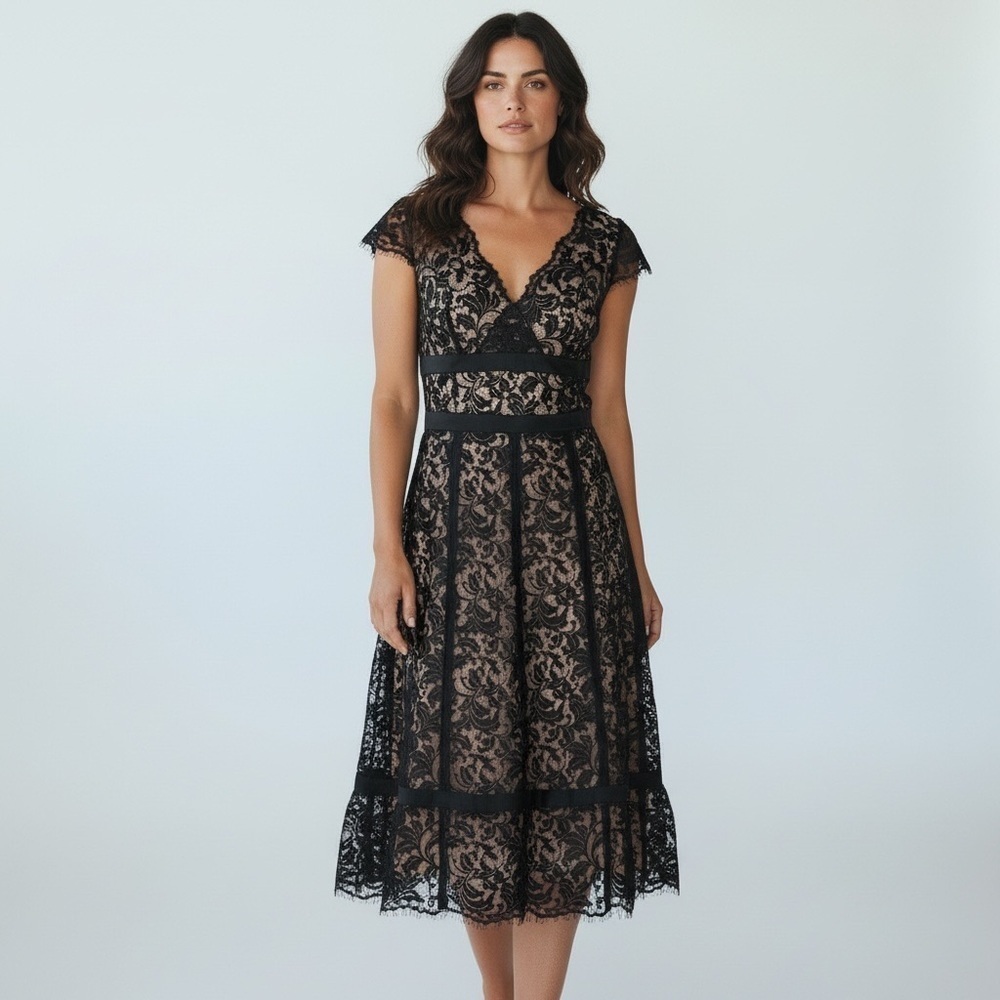 Ann Taylor LOFT Black Lace Overlay Cocktail Midi Dress Size 0